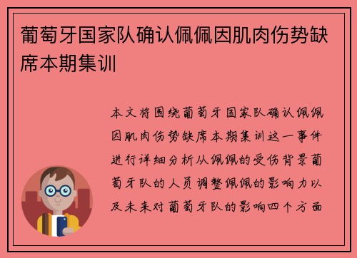 葡萄牙国家队确认佩佩因肌肉伤势缺席本期集训