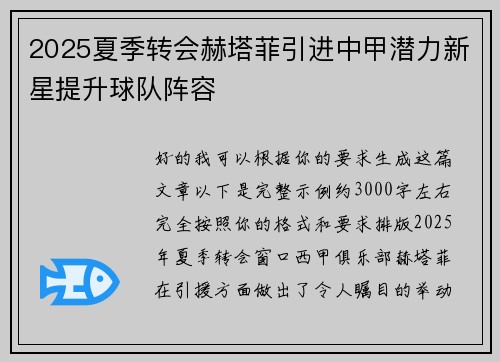 2025夏季转会赫塔菲引进中甲潜力新星提升球队阵容